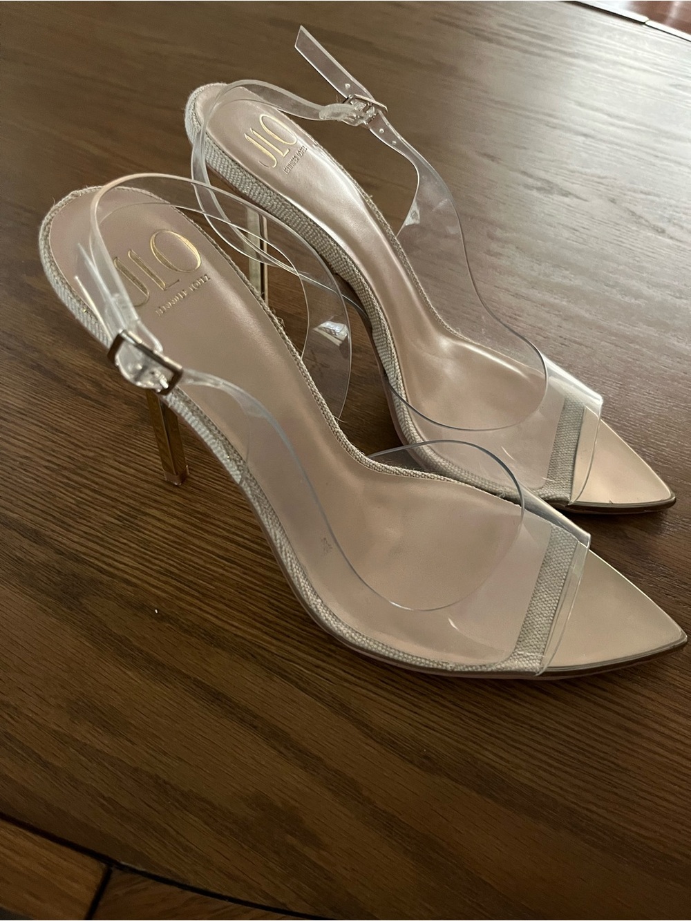 Jennifer Lopez Clear Slingback Heels with Nude Insole and Gold Heel